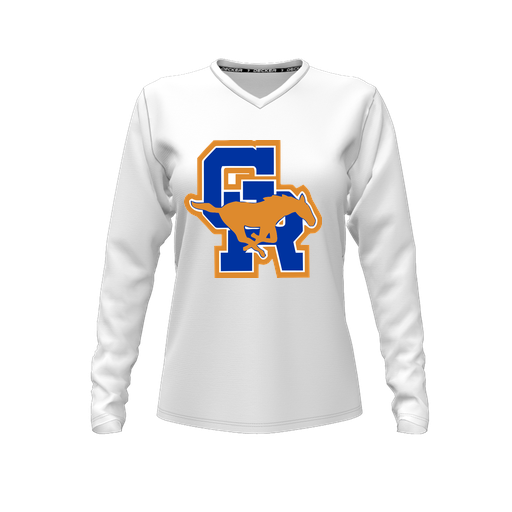 [CUS-DFW-TEES-CMF-VNK-LSL-WHT-FYXS-LOGO1] Decker Comfort T-Shirt (Female Youth XS, White, V Neck, Long Sleeve)