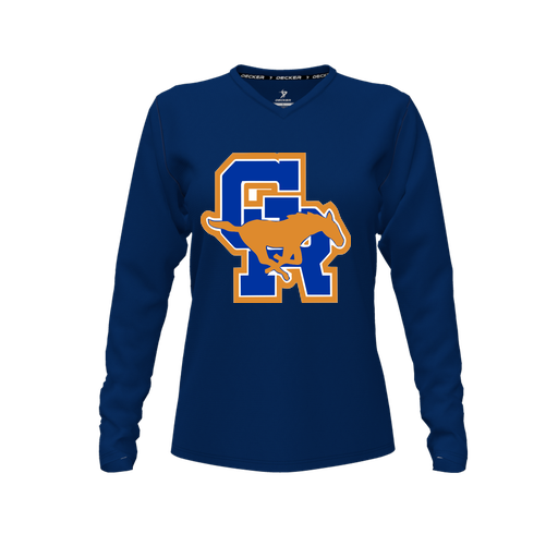 [CUS-DFW-TEES-CMF-VNK-LSL-NVY-FYXS-LOGO1] Decker Comfort T-Shirt (Female Youth XS, Navy, V Neck, Long Sleeve)